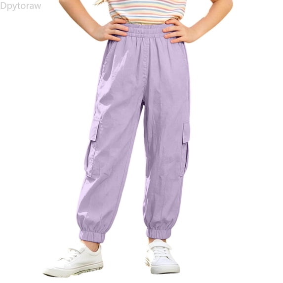 Dpytoraw Kids Cargo Pants Solid Color Elastic Waist Jogger Trousers with Pockets Purple Size 11-12 Years