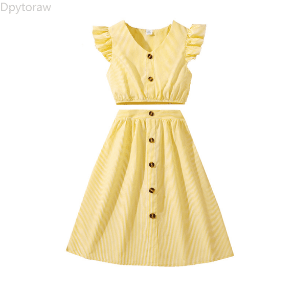 Dpytoraw Kids Girl's 2 Piece Outfit Buttoned Striped Ruffle Tank Top And Elastic Waist Skirt Set Girls summer shorts and tee sets Size Yellow 8-9 Years