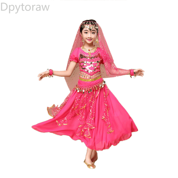 Dpytoraw Kids' Girls Belly Dance Outfit India Dance Clothes Top+Skirt Back to school outfits 2026 Size Pink S