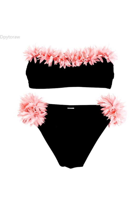 Kids Girls Swimsuit Two Pieces Bikini Set Flower Bathing Suits Cute Swimwear Size Black 7-8 Years