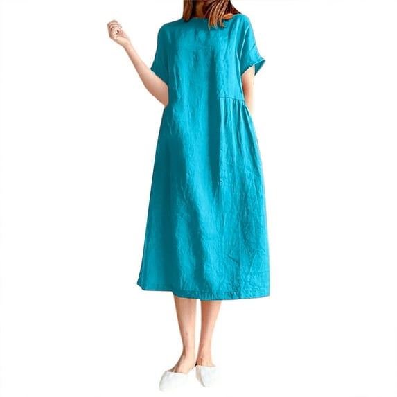 Dpytoraw Ladies Round Neck Short Sleeve Solid Color Loose Slim Mid Length Dress