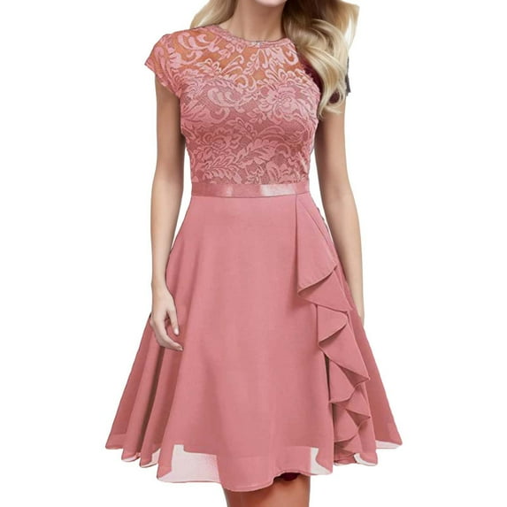 Dpytoraw Ladies Solid Color Crew Neck Lace Chiffon Short Sleeved Skirt Temperament Dress Casual Dress Dress Pink M