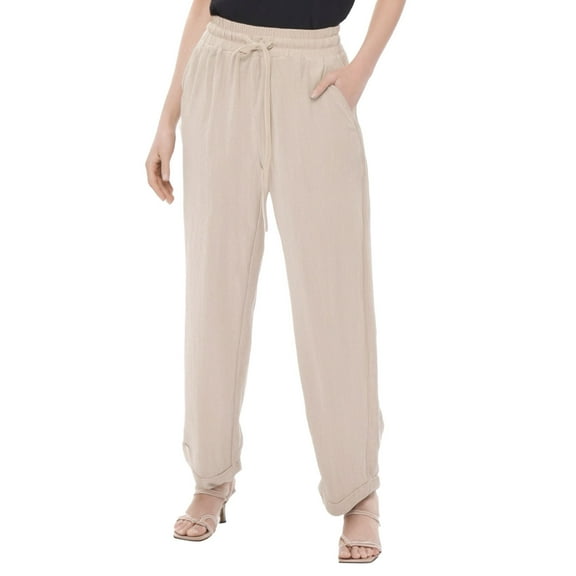 Dpytoraw Ladies Summer Elastic High Waist Solid Color Linen Wide Leg Loose Pants Stretch Casual Pants Women Beige XL