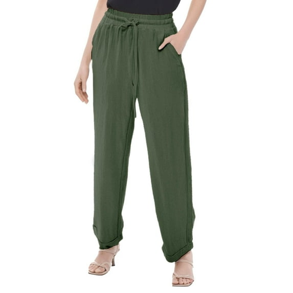 Dpytoraw Ladies Summer Elastic High Waist Solid Color Linen Wide Leg Loose Pants Stretch Casual Pants Women Green XXL