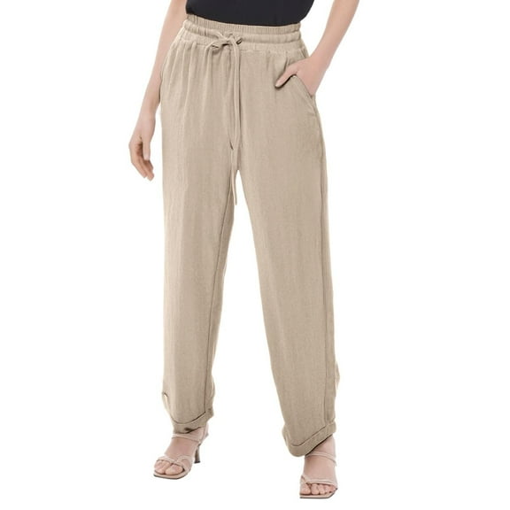 Dpytoraw Ladies Summer Elastic High Waist Solid Color Linen Wide Leg Loose Pants Stretch Casual Pants Women Khaki S