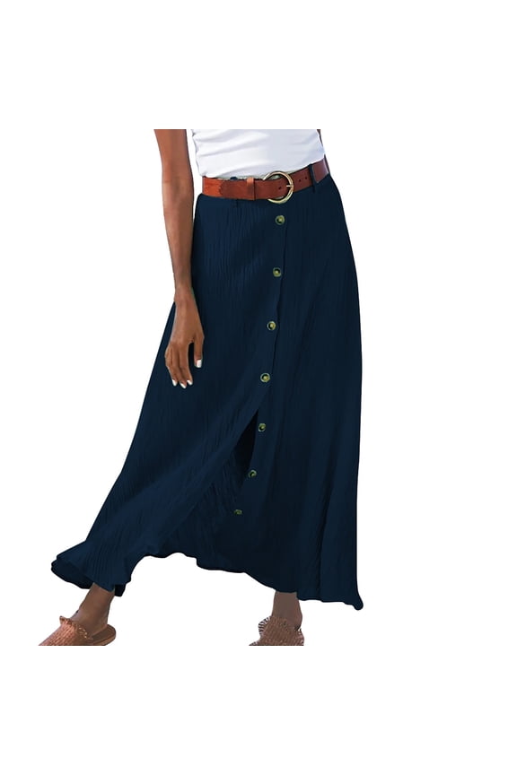 Ladies Summer Solid Cotton And Linen Half Length Slit Hip Midwaist Dress Blue M