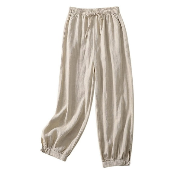 Dpytoraw And Linen Buckle Harem Pants Women's Casual Pagoda Solid Color Skinny Radish Pants Elastic Waist Corset Women's Casual Pants With Pockets Beige L