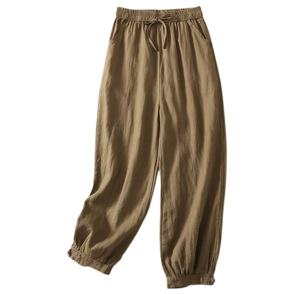 Dpytoraw And Linen Buckle Harem Pants Women's Casual Pagoda Solid Color Skinny Radish Pants Elastic Waist Corset Women's Casual Pants With Pockets Khaki M