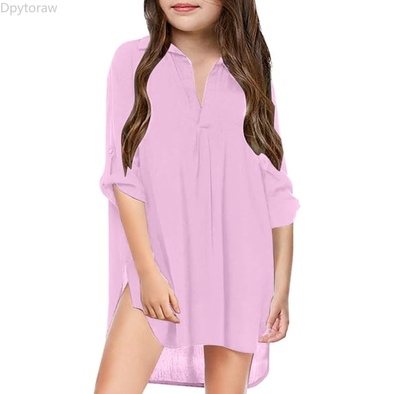 Dpytoraw Little Girl's Kids Swimsuit Beach Cover Up For Girl Chiffon Shirt Bikini Beachwear Bathing Suit Beach Dress Swim Coverup Girls Casual Long Sleeve Dresses,Pink Size 12-13 Years