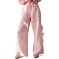 thumbnail image 1 of Dpytoraw Little Girls Kids Wide Leg Gingham Pants Elastic High Waist Side Tie Loose Fit Plaid Trouser Lace Up Pants Girls Solid Color Leggings Size 5-6 Years, 1 of 5