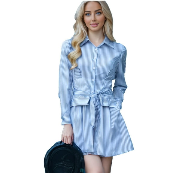 Dpytoraw Long Sleeve Dresses Women Fall Dress Long Sleeve White And Blue Striped Waistband Slim Fit Formal Mini Party Dress Women’s Backless Bodycon Club Dresses