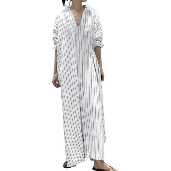 Dpytoraw Loose Fit Striped Collar Long Cardigan Dress Elegant Women's Style Women’s A-Line Wrap Dresses