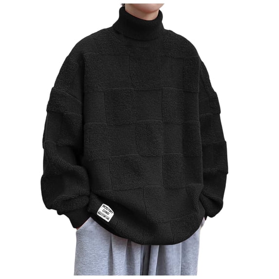 Dpytoraw Male High Neck Fold Over Pullover Sweater For Autumn And Winter Solid Color Plaid Plaid Warm Turtleneck Top