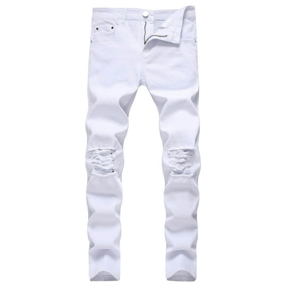 Dpytoraw Male Ripped Jeans Solid Color Ripped Pants Slim Knee Ripped Stretch Casual Jeans