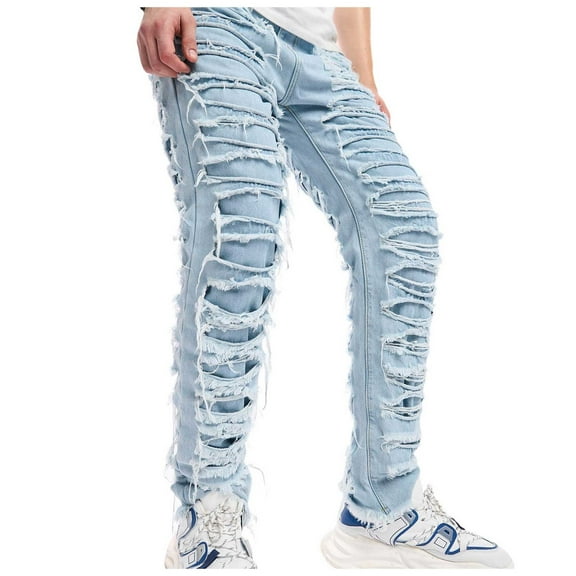 Dpytoraw Male Solid Color Ripped Jeans Casual Small Foot Denim Trousers