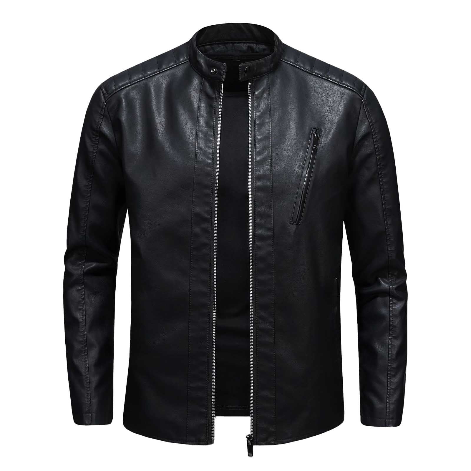 Dpytoraw Men Large Size Standing Collar Leather Jacket Trend Slim Casual Motorcycle Jacket