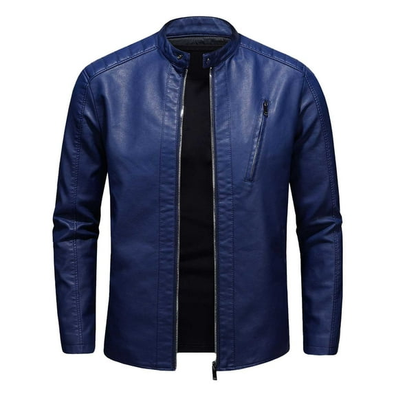 Dpytoraw Men Large Size Standing Collar Leather Jacket Trend Slim Casual Motorcycle Jacket
