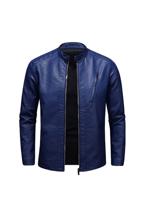 Men Large Size Standing Collar Leather Jacket Trend Slim Casual Motorcycle Jacket