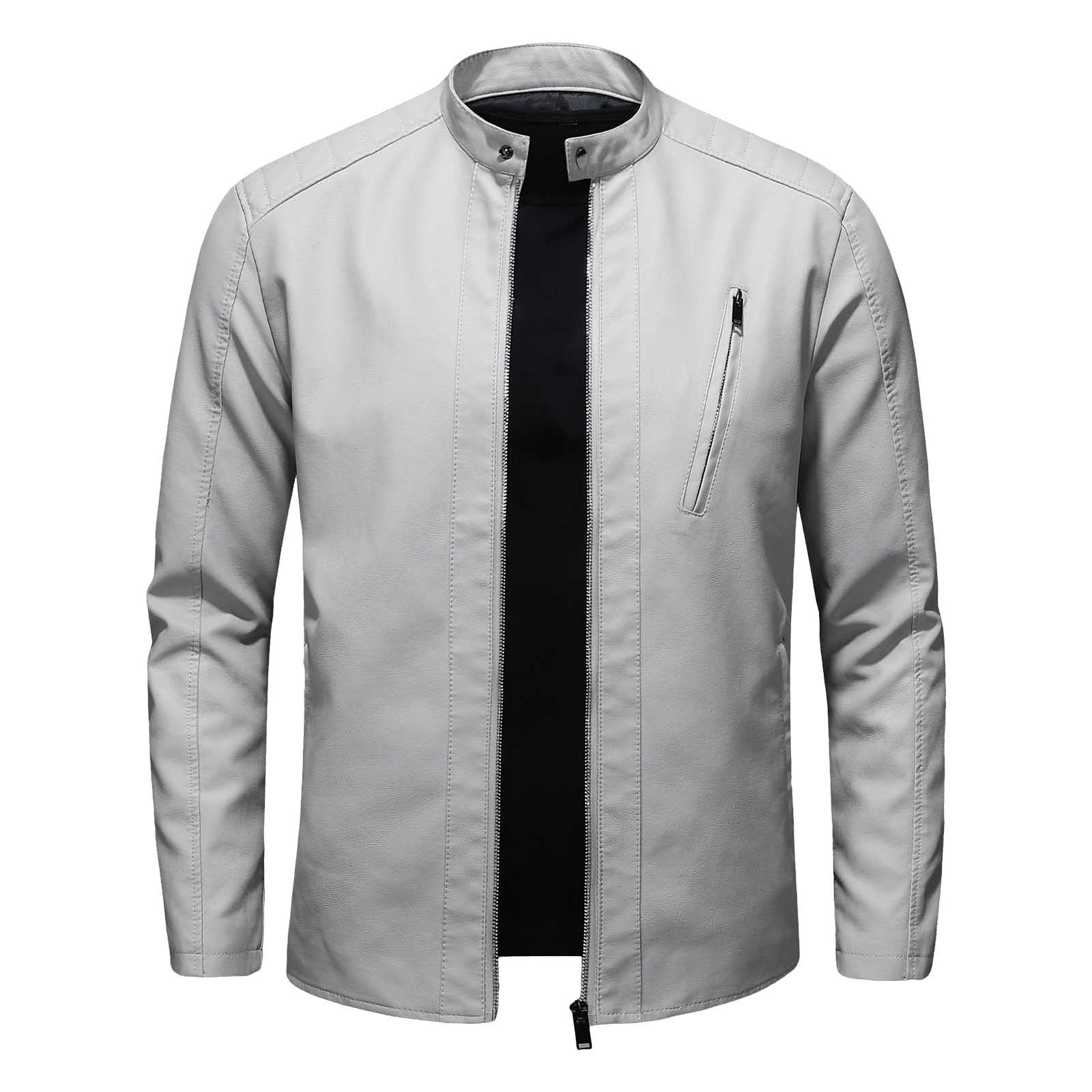 Dpytoraw Men Large Size Standing Collar Leather Jacket Trend Slim Casual Motorcycle Jacket
