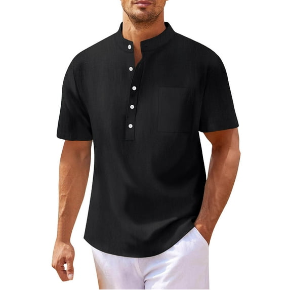 Dpytoraw Men Soild Color Shirt Short Sleeve Hippie Casual Band Collar Summer Beach T Shirts Men’s Oversized Streetwear T-Shirts Trendy Designs Black L