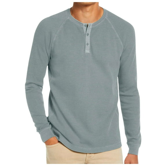 Dpytoraw Men Solid Color Button Round Neck Raglan Sleeve Long Sleeved T Shirt Casual Loose Business Trend Comfortable Top
