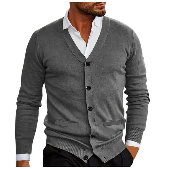 Dpytoraw Men Solid Color V Neck Button Up Cardigan Sweater Jacket Casual Loose Comfortable Trendy Business Jacket