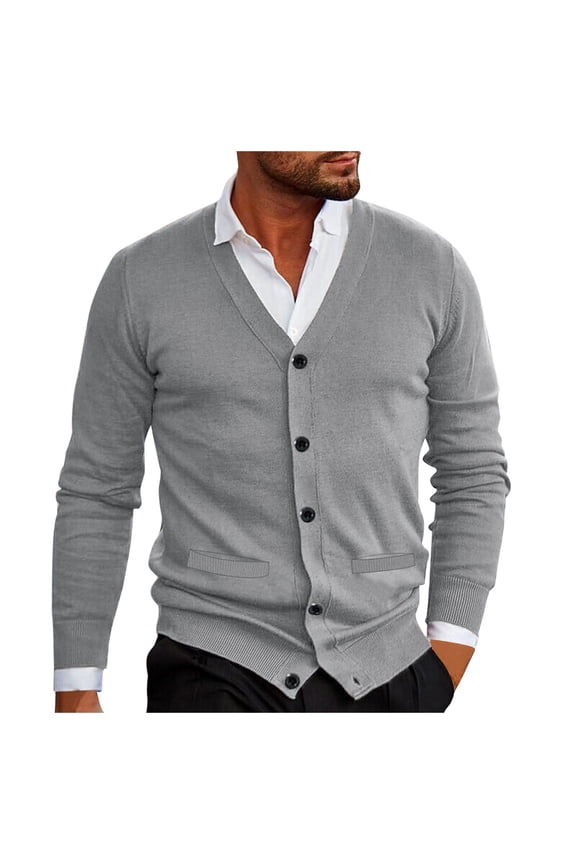 Men Solid Color V Neck Button Up Cardigan Sweater Jacket Casual Loose Comfortable Trendy Business Jacket