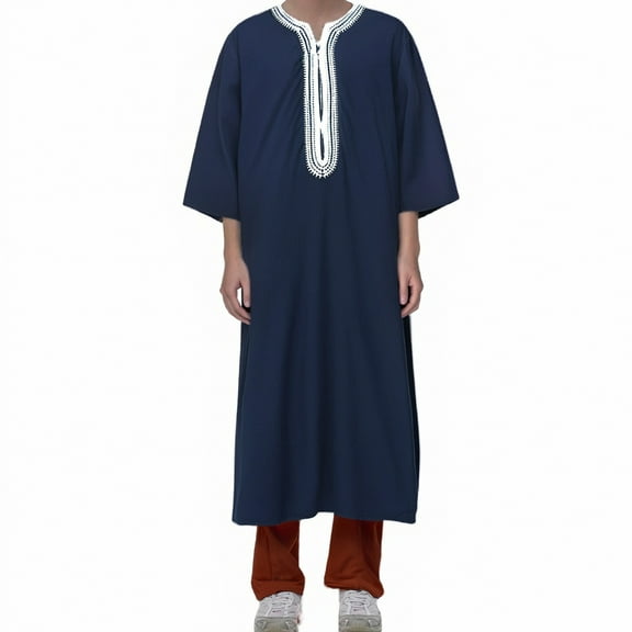 Dpytoraw Men's Arab Long Sleeve Embroidered Thobe Traditional Middle Robe For Muslim Wear Elegant Dress Long Robe With Pockets Men’s Linen Shirts