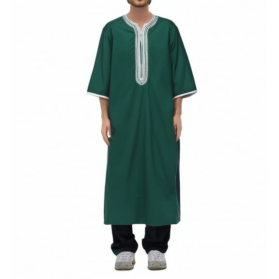 Dpytoraw Men's Arab Long Sleeve Embroidered Thobe Traditional Middle Robe For Muslim Wear Elegant Dress Long Robe With Pockets Men’s Linen Shirts