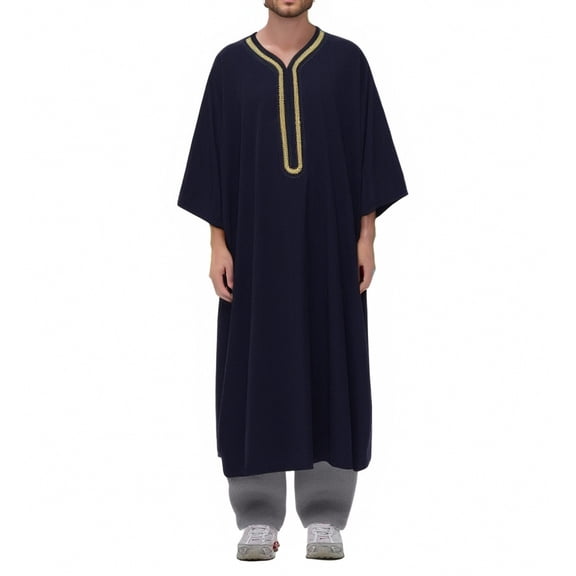 Dpytoraw Men's Arab Long Sleeve Embroidered Thobe Traditional Middle Robe For Muslim Wear Elegant Dress Long Robe With Pockets Men’s Short Sleeve Shirts