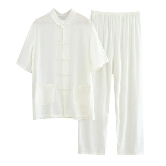 Dpytoraw Men's Cotton And Linen Set 2 Piece Clothing Shirt Casual Set Long Sleeved Long Pants Set Chinese Sty Le Home Clothing