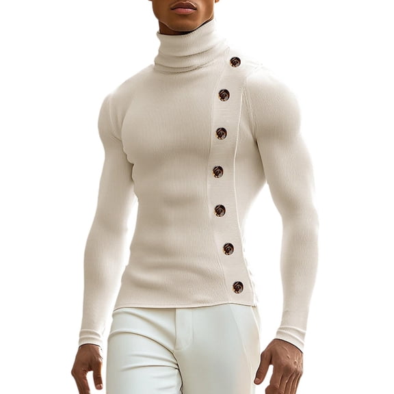 Dpytoraw Men's Fall And Winter Shirts Round Neck Solid Color Padded Tops Side Buttons Long Sleeved Tops Bottoming Tops Oversized T-Shirts Men White L