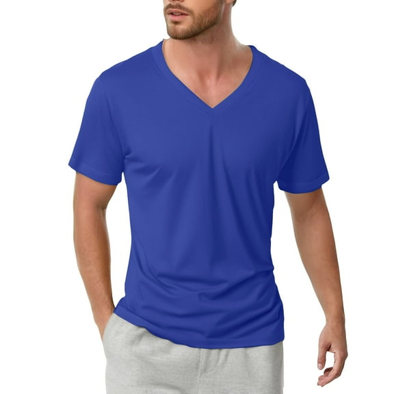 Dpytoraw Men's Fashion Solid Color V Neck T Shirt Casual Comfortable Breathable Top Men’s Slim Fit Cotton Crew Neck T-Shirts Blue L