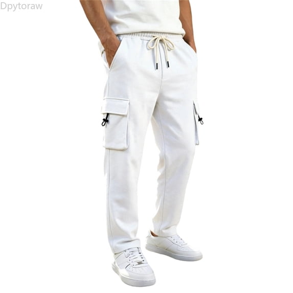 Dpytoraw Men's Heavy Fleece Cargo Pants Outdoor Workwear with Pockets All Season Trousers White M
