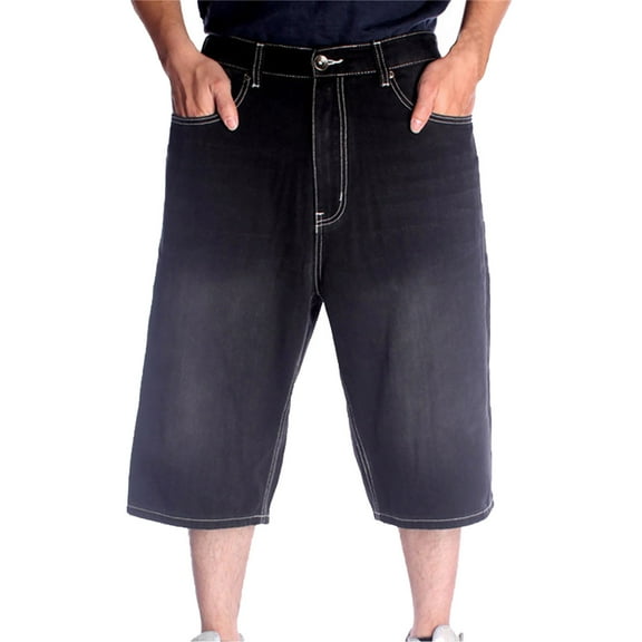 Dpytoraw Men's Hop Large Loose Solid Color Bag Sports And Leisure Trendy Jeans Quarter Pants Black