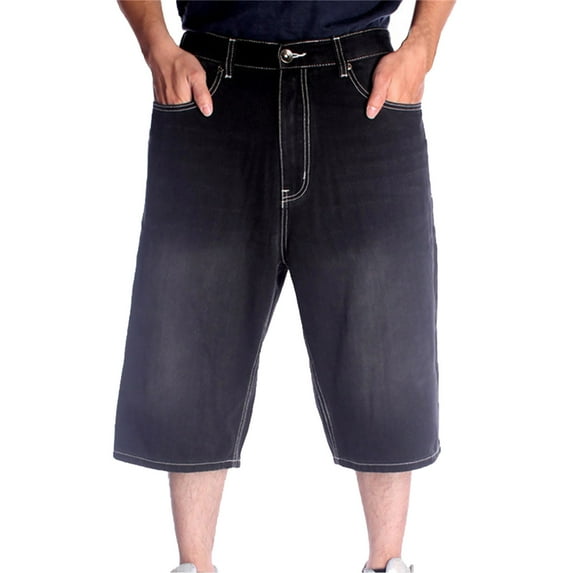 Dpytoraw Men's Hop Large Loose Solid Color Bag Sports And Leisure Trendy Jeans Quarter Pants Black