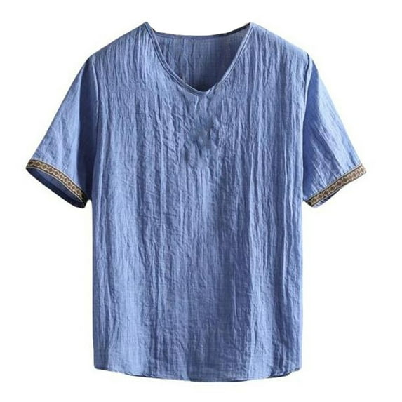 Dpytoraw Men's Linen Blend Lightweight Breathable T Shirt For Summer Casual Wear Plain White T-Shirts Men Blue L