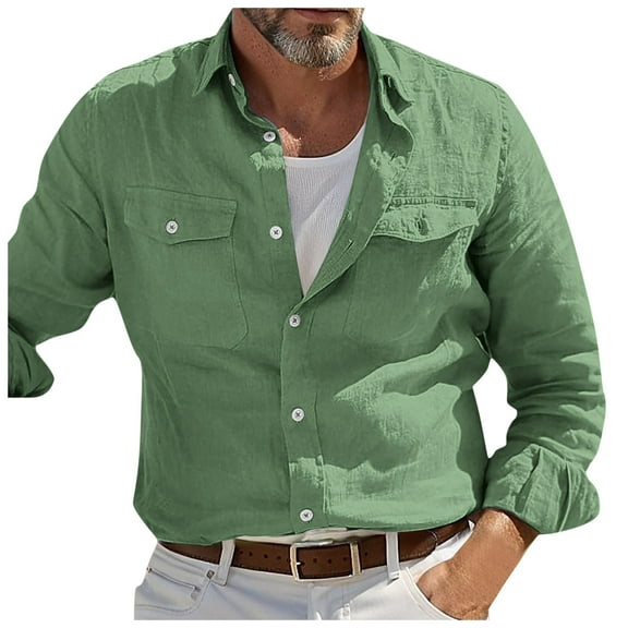 Dpytoraw Men's Long Sleeve Cotton Linen Shirt Beach Solid Color Lapel Street Everyday Clothing Pocket