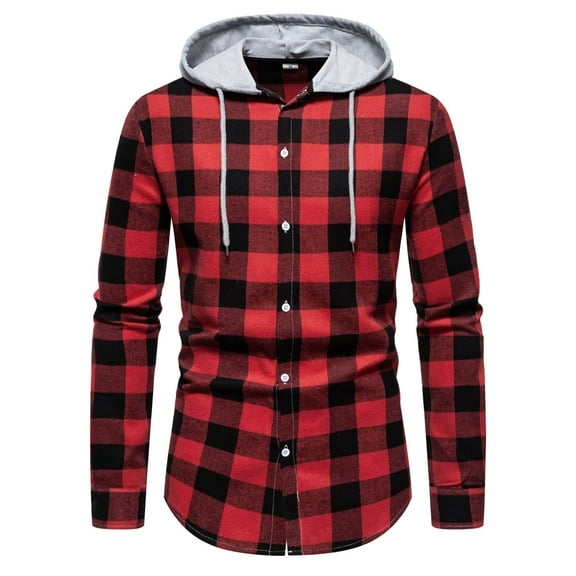 Dpytoraw Men's Loose Casual Long Sleeve Hooded Shirt Plaid Shirt Man