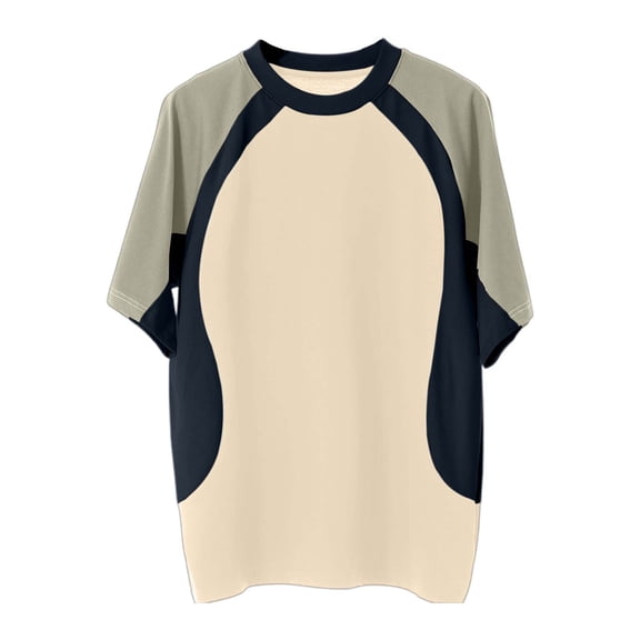 Dpytoraw Men's Patchwork Round Neck T Shirt Color Contrast Retro Heavy Shoulder T Shirt Pure Color Loose Short Sleeve Plain White T-Shirts Men Beige M