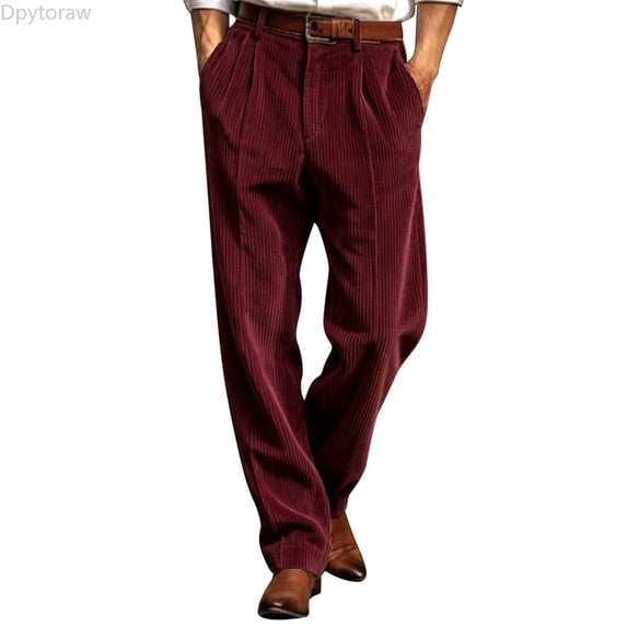 Dpytoraw Men's Relaxed Fit Corduroy Dress Pants Straight Leg Business Casual Trousers Red L