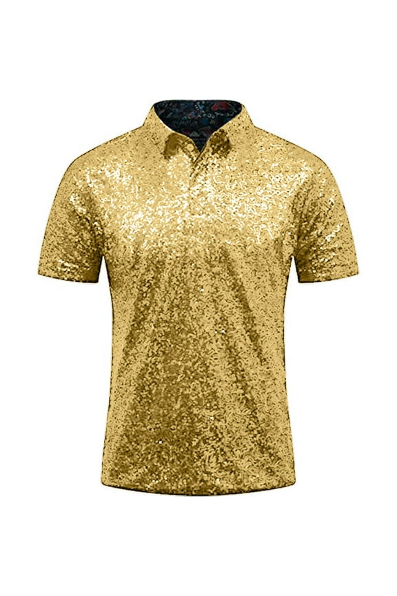 Men's Relaxed Short Sleeve Turndown Sparkles Sequins Polos Shirts 70s Disco Nightclub Party T Shirts