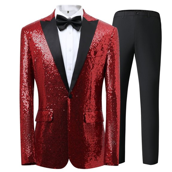 Dpytoraw Men's Sequined Jacket Pants Suit Tuxedo Party Dance Wedding Sequined Tuxedo One Button Jacket Set