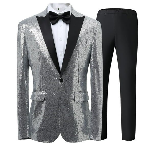 Dpytoraw Men's Sequined Jacket Pants Suit Tuxedo Party Dance Wedding Sequined Tuxedo One Button Jacket Set