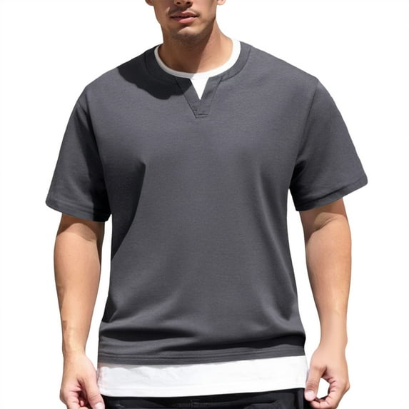 Dpytoraw Men's Short Sleeved T Shirt Double Layer Fashion Two Piece Short Sleeved T Shirt Style Round Neck T Shirt Men’s Quick-Dry Performance T-Shirts for Gym Dark Gray XL