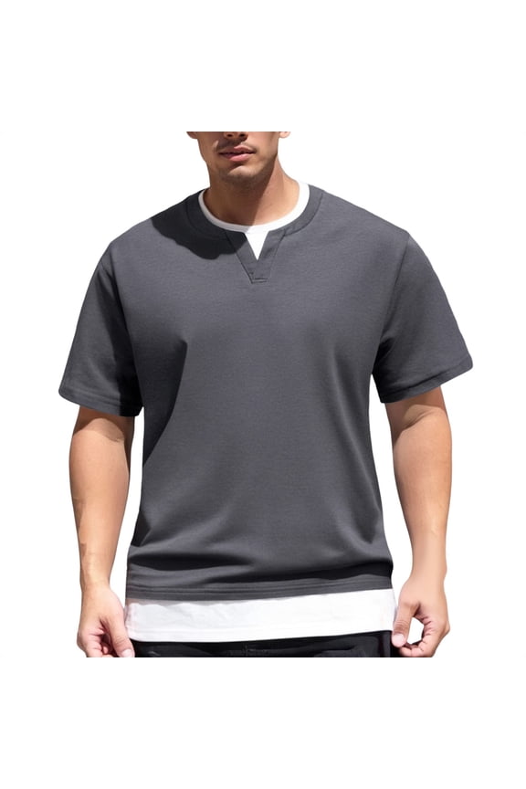 Men's Short Sleeved T Shirt Double Layer Fashion Two Piece Short Sleeved T Shirt Style Round Neck T Shirt Men’s Quick-Dry Performance T-Shirts for Gym Dark Gray M
