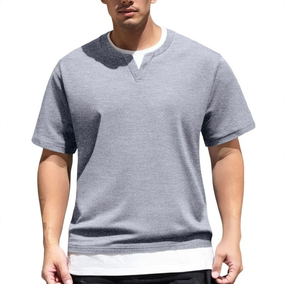 Dpytoraw Men's Short Sleeved T Shirt Double Layer Fashion Two Piece Short Sleeved T Shirt Style Round Neck T Shirt Men’s Quick-Dry Performance T-Shirts for Gym Light Gray L