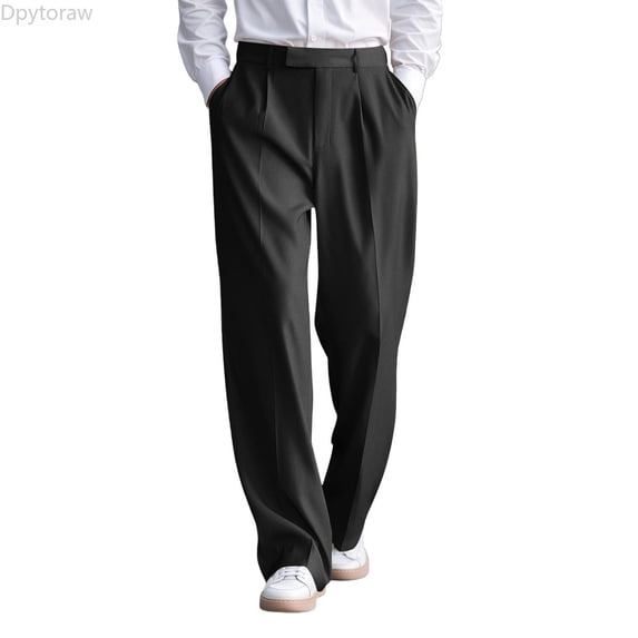 Dpytoraw Men's Solid Color Dress Pants Flat Front Business Casual Trousers Black L