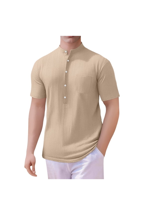 Men's Spring And Summer Fashion Stand Collar Short Sleeved Shirt Loose Casual Jacquard T Shirt Big and Tall T-Shirts Khaki L