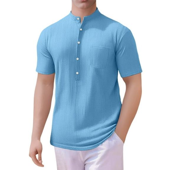 Dpytoraw Men's Spring And Summer Fashion Stand Collar Short Sleeved Shirt Loose Casual Jacquard T Shirt Big and Tall T-Shirts Sky Blue S